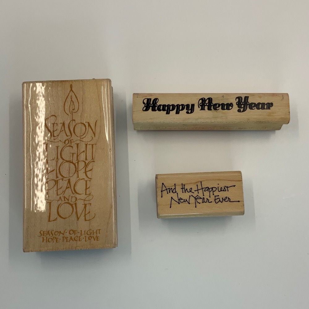 Hampton Art Sentiment Candle Happy New Year Wood Rubber Stamp Set 3pc